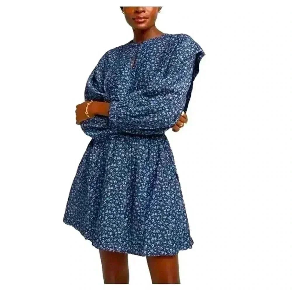 APIECE APART Olga Black Blue Leafy Floral Mini Dress Long Sleeve Size Large